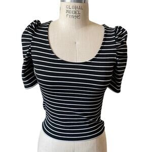 Torn By Ronny Kobo Black Striped Puff Sleeve Top Shirt Size XS X-Small